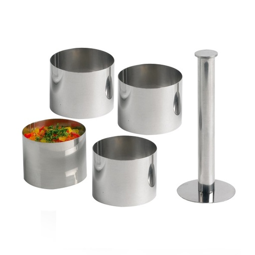 [22070] Stamper Ø6,5cm og 4 madringe Ø7cm, rustfrit stål, (1 sæt)