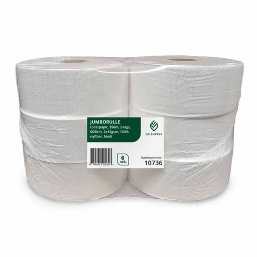 [10736] Jumborulle, toiletpapir, GS-Basic, 2-lags, Medi, 350m x 9,7cm, Ø26,5cm, hvid, 100% nyfiber, (6 stk.)