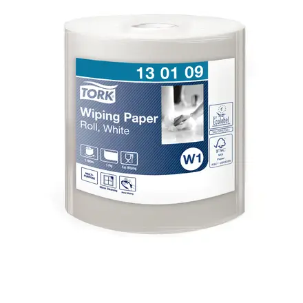 [30420] Aftørringspapir, 1-lags, hvid, 1180m x 34cm, Tork W1, 130109, (1 stk.)