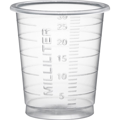 [10713] Medicinbæger, PP, Eco, 4,2cm, Ø3,8cm, 30 ml, transparent, med graduering, (4800 stk.)