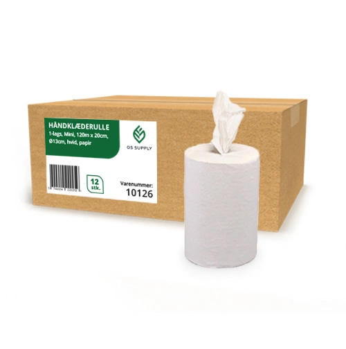 [32081] Håndklæderulle, GS-Basic, 1-lags, Mini, 120m x 20cm, Ø12,5cm, hvid, 100% nyfiber, (12 stk.)