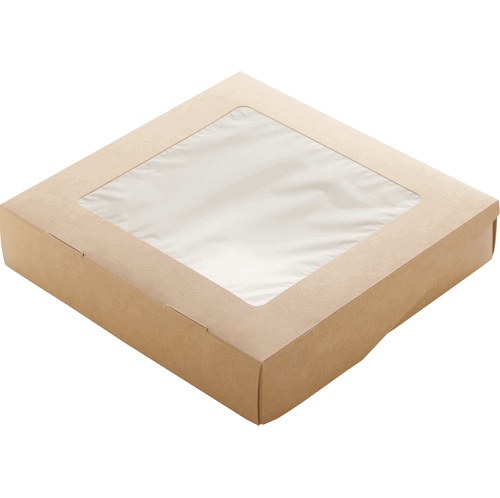 [10198] Boks m. vindue, 20x20x4cm, 1500 ml, brun, cellulose/pap, m. hængselslåg, (150 stk.)