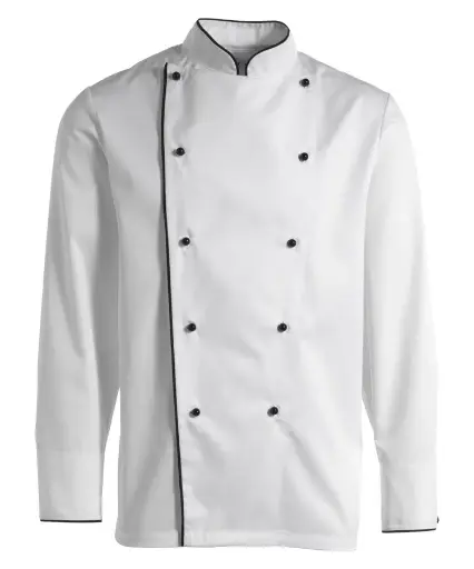Kokkejakke med piping, hvid m. sort piping, 65/35% PES/CO, Kentaur, fra XS til 2XL (1 stk.)