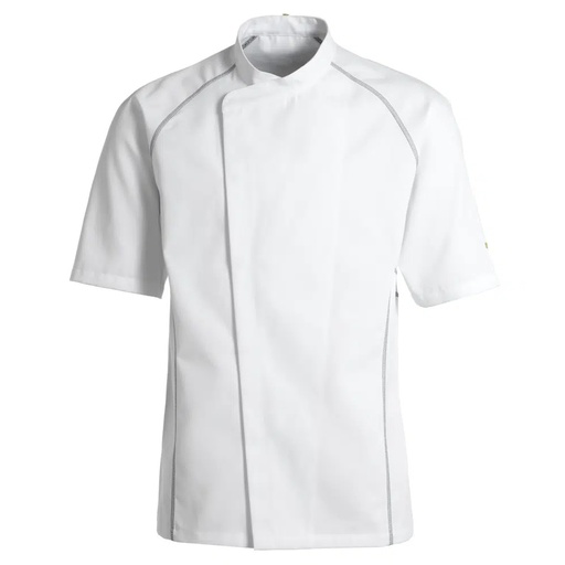Unisex kokke-/tjenerjakke, hvid m. grå flatlock, 65/35% rPES/CO, Kentaur, fra 2XS til 2XL (1 stk.)