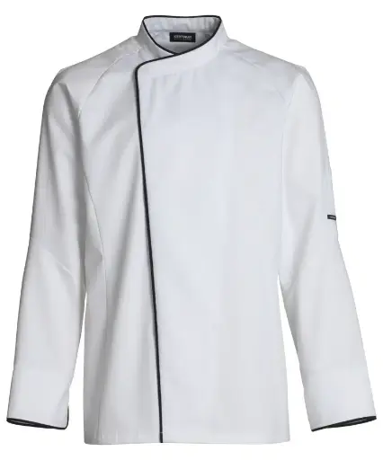 Unisex kokke-/tjenerjakke, hvid m. sort piping, 50/50% CO/PES, Kentaur, fra 2XS til 2XL (1 stk.)