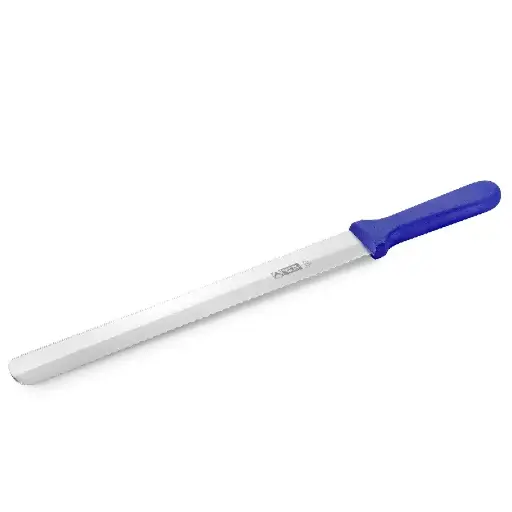 [40284] Bagerkniv, 36 cm, rustfrit stål, dobbeltsidet savtakket slibning, blåt plastgreb, Thermohauser, (1 stk.)