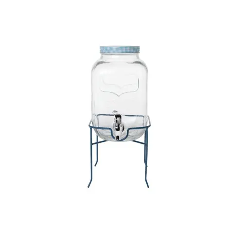 [42206] Blå juice- & saftdispenser på fod, 4,5L, Ø15,5x25,5cm, glas & metallåg, (1 stk.)