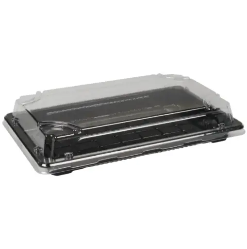 [44412] Sushibakke og låg, 22x13,5x4,8cm str 7, sort, RPET, klart låg, rektangulær, (400 stk.)