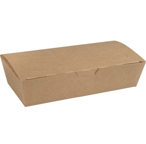 [11425] Take away boks, M, 1000 ml, 20x10x5 cm, pølseæske, brun, pap, med låg, med vinger, (400 stk.)