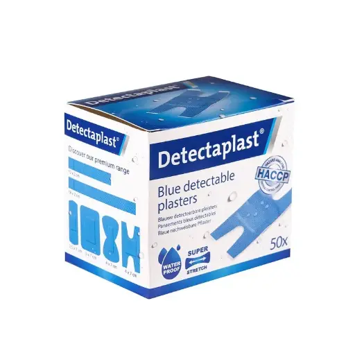 [45595] Detekterbare knoplastre, vandtætte m/ super stretch, 68x38mm, blå, Detectaplast, (pk á 50 stk.)