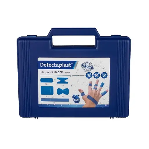 [45673] Plasterboks m/ detekterbare vandtætte plastre, blå, 110 stk blandet, Detectaplast, (1 stk.)