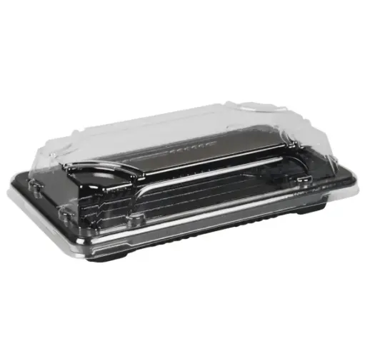 [45801] Sushibakke og låg, 1, 16x9x4,5cm, 320 ml, sort, PET, med gennemsigtigt låg, (400 stk.)