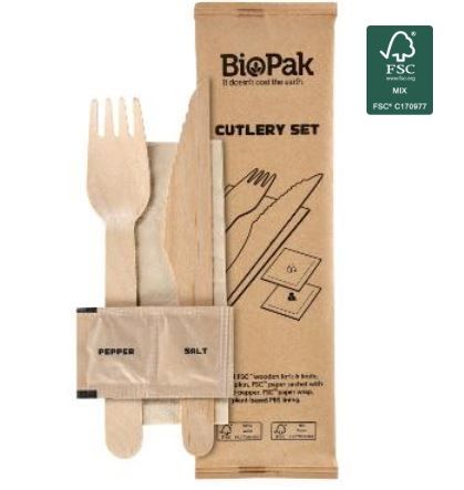 [11434] Bestikpose, fem i én, med træ kniv, gaffel, serviet, salt & peber, (250 stk.)