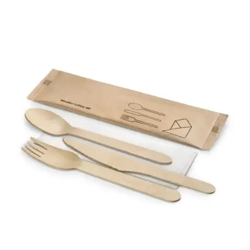 [46478] Bestiksæt, 4, Træ, kniv-gaffel-spiseske-serviet, wrapped, natur, Naturesse, (250 stk.)