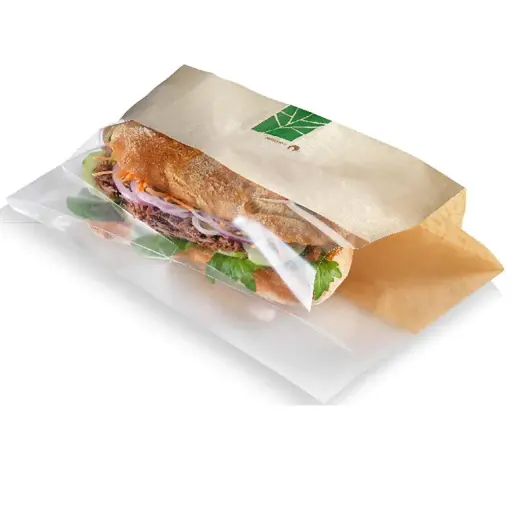 [46490] Brødpose, PaperWise/PLA, 28x10x0,2x3cm, ½ papir ½ vindue, brun, Naturesse, (500 stk.)
