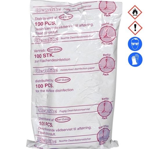 [11551] Desinfektionsserviet, 19x13,8cm, hvid, uden parfume, pose med 100 stk til refill, engangs, (12 stk.)