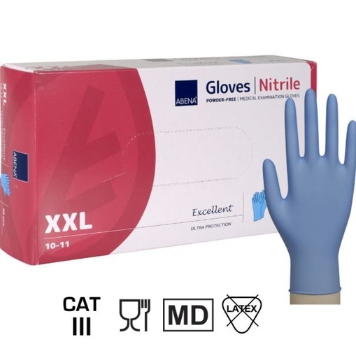 [111600] Nitrilhandsker, XXL, blå, nitril, pudderfri, CAT III, (90 stk.)