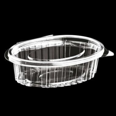 [11680] Plastbæger m. hængslet låg, 250 ml, 11,2x14,5x4,2 cm, Oval, RPET, Klar, (800 stk.)