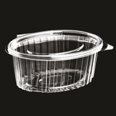 [11681] Plastbæger m. hængslet låg, 375 ml, 11,2x14,5x5,7 cm, Oval, RPET, Klar, (800 stk.)