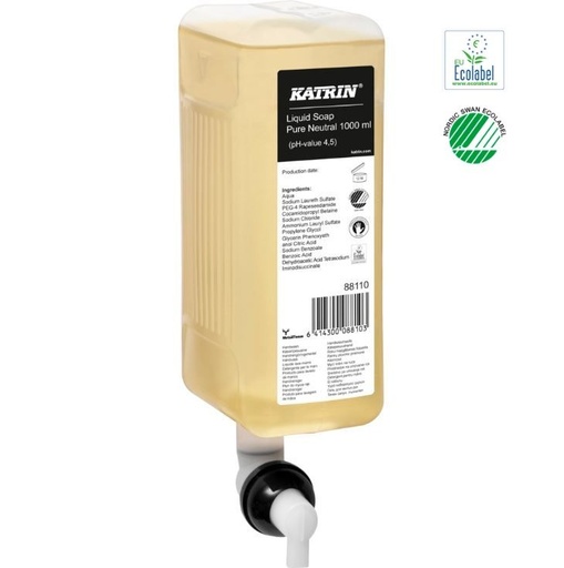 [11714] Håndsæbe, Katrin Natural, 1000 ml, uden farve og parfume, flydende, 0,6 ml pr. dosering, (6 stk.)