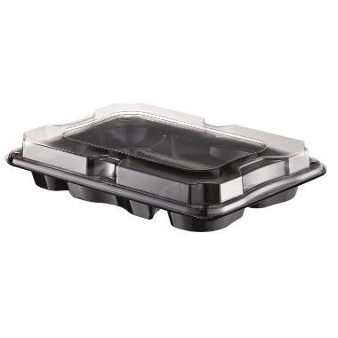 [10264] Plastfad til tapas, 7-rums, 350x240x65mm, sort, PET, m/løst låg, (25 stk.)