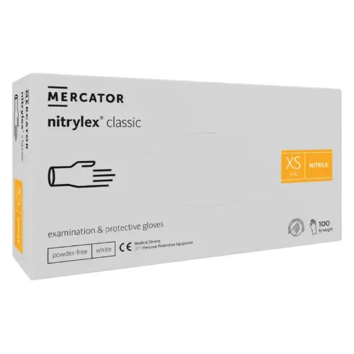 [12178] Nitrilhandsker, Hvid, XS, Mercator, Classic, Pudderfri, CAT III, (100 stk.)