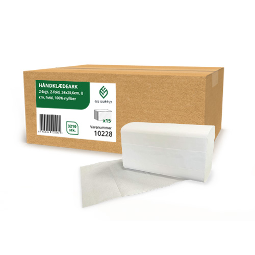 [10228] Håndklædeark, 2-lags, Z-fold, 24x20,6cm, 8 cm, hvid, 100% nyfiber, ny forpakning, (3210 stk.)