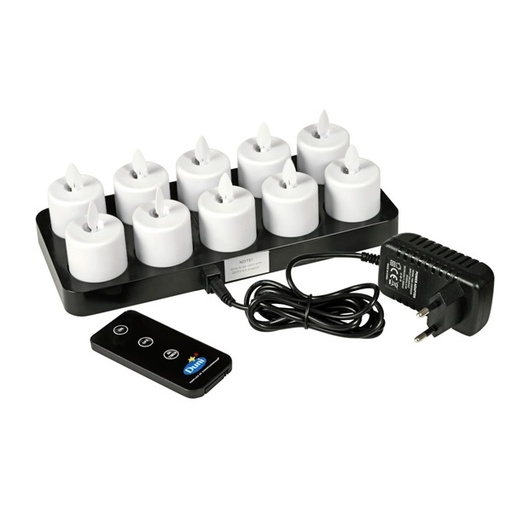 [12256] Genopladelige LED lys, Duni, 10 stk, 3,8x3,6cm, 25 timer, varm hvid, med oplader, (1 sæt.)