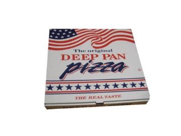 [10700] Pizzaæske, 29x29x4,5cm, hvid, med tryk Deep Pan Pizza, (100 stk.)
