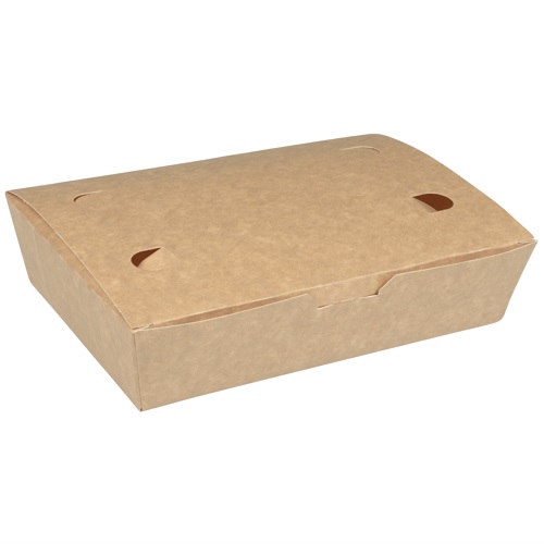 [10041] Take away boks, L, 1400 ml, 20x14x5 cm, pølseæske, brun, pap, med låg, udstansning i bunden, 100 stk.