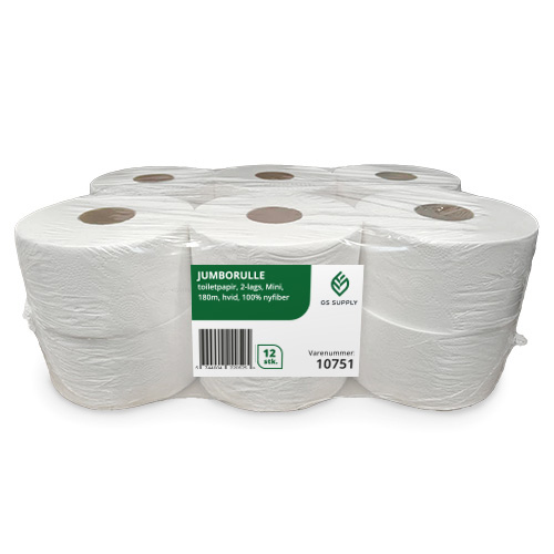 [10751] Jumborulle, toiletpapir, GS-Basic, 2-lags, Mini, 180m, hvid, 100% nyfiber, (12 ruller.)