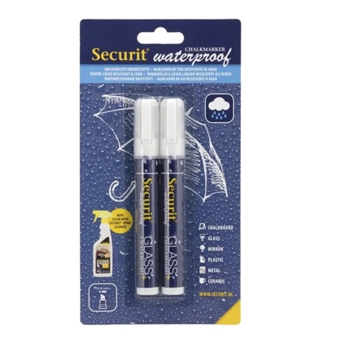 [15115] Vandfast kridtmarker med skrå spids: 2-6 mm skivebredde, Securit, flydende kridt, hvid, (2 stk.)
