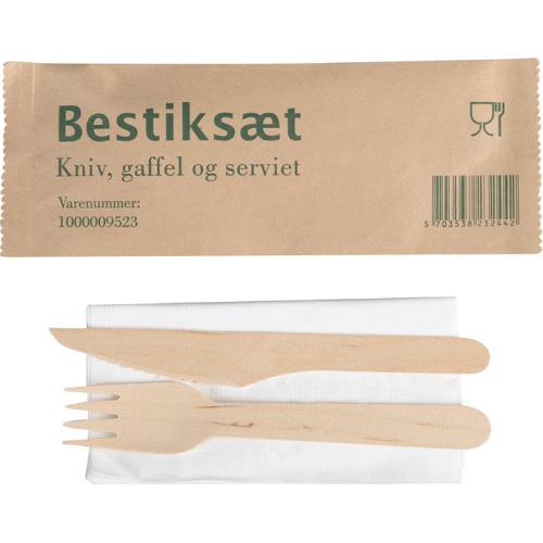 [10854] Bestiksæt, 16cm, brun, birketræ/nyfiber, med kniv, gaffel og serviet, (400 stk.)