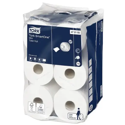 [10968] Toiletpapir, SmartOne, Tork T9 Advanced, 2-Lags, Mini, 111,6M x 13,4Cm, Ø14,9Cm, hvid, Genbrugspapir, Tork, 472193, (12 Ruller).  